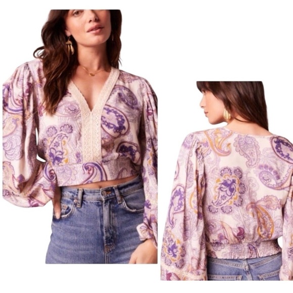 Band of Gypsies Tops - B.O.G Cream Purple Full Sleeve Lace Trim V-Neckline Smocked Back Waist Top NEW
